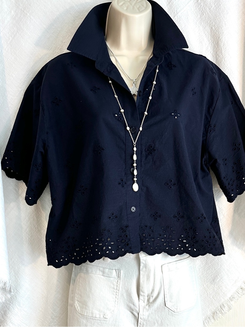 Navy Eyelet Short Sleeve Button-Up Top